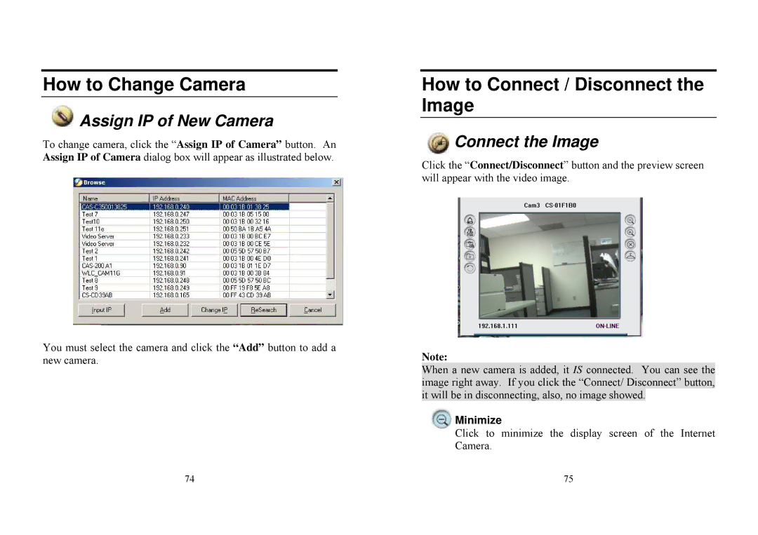 TRENDnet TV-IP100W How to Change Camera, How to Connect / Disconnect the Image, Assign IP of New Camera, Connect the Image 