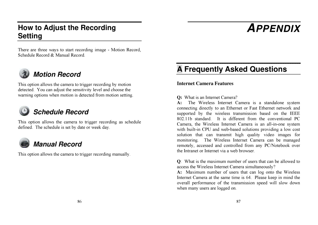 TRENDnet TV-IP100W manual Appendix, Frequently Asked Questions, Motion Record, Schedule Record, Manual Record 