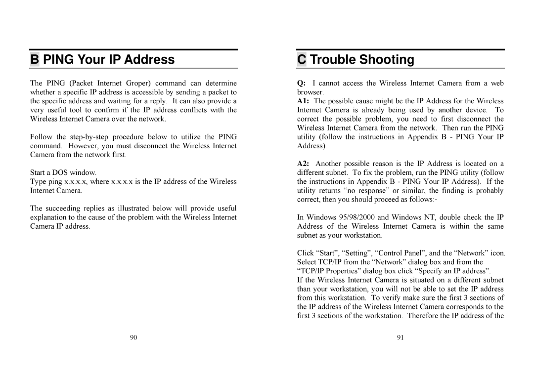 TRENDnet TV-IP100W manual Ping Your IP Address, Trouble Shooting 