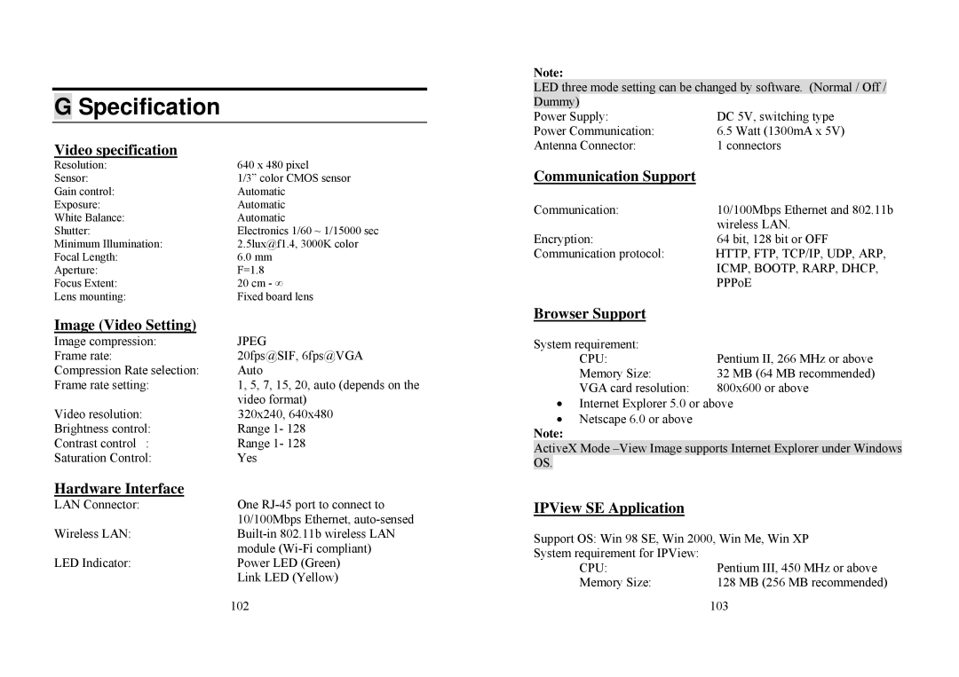 TRENDnet TV-IP100W manual Specification, Video specification 