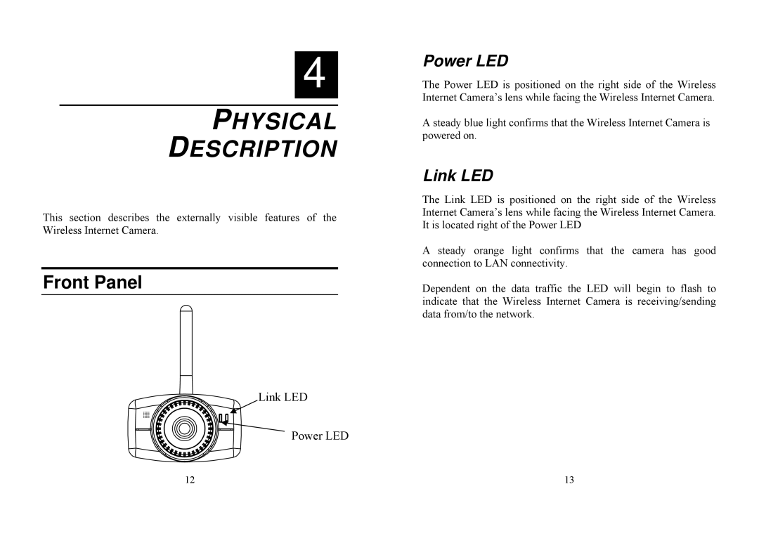 TRENDnet TV-IP100W manual Physical Description, Front Panel, Power LED, Link LED 