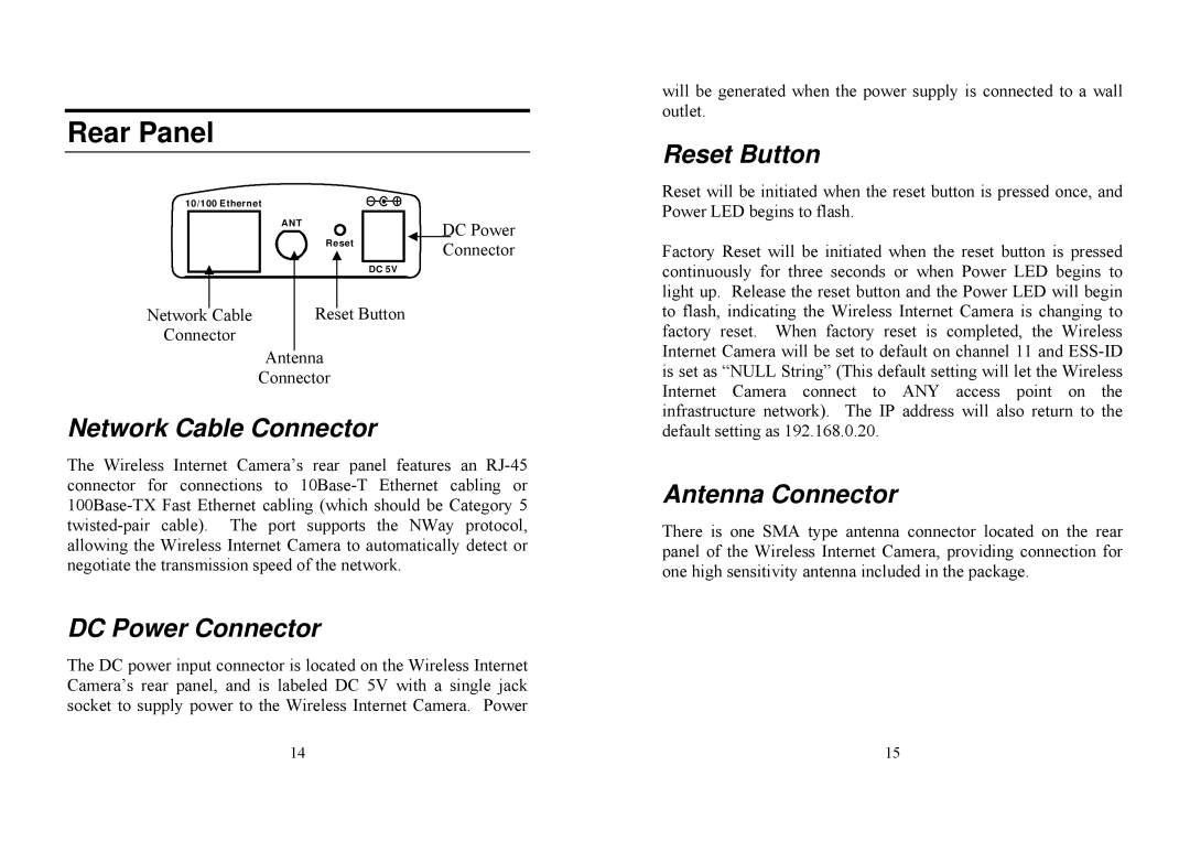 TRENDnet TV-IP100W manual Rear Panel, Network Cable Connector, DC Power Connector, Reset Button, Antenna Connector 