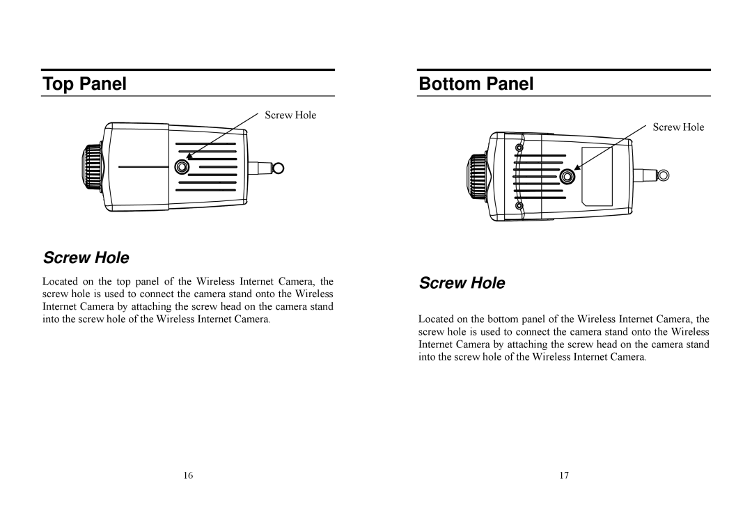 TRENDnet TV-IP100W manual Top Panel, Bottom Panel, Screw Hole 