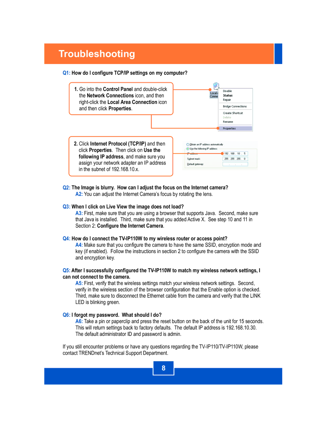 TRENDnet TV-IP110W manual Troubleshooting, Q1 How do I configure TCP/IP settings on my computer? 