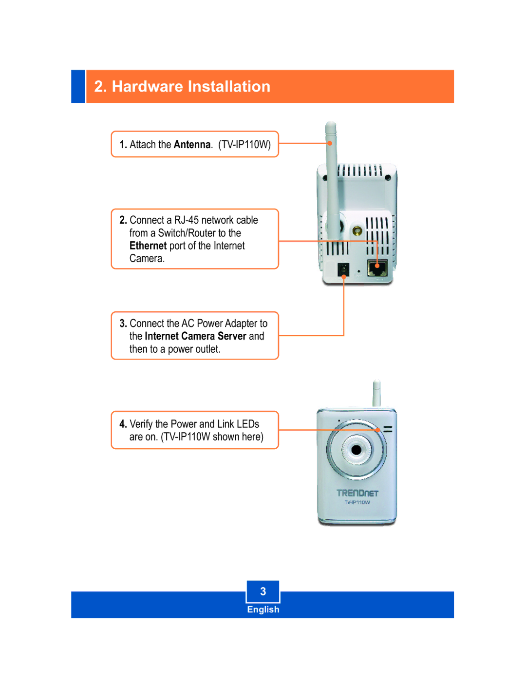 TRENDnet TV-IP110W manual Hardware Installation 