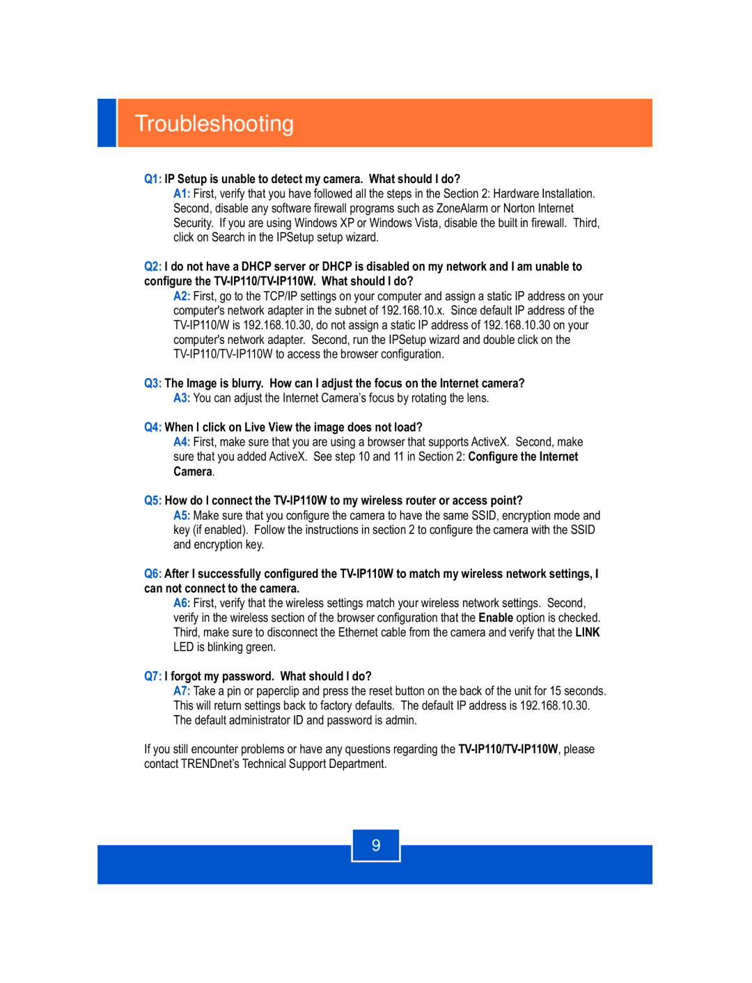 TRENDnet TV-IP110W manual Troubleshooting, Q4 When I click on Live View the image does not load? 