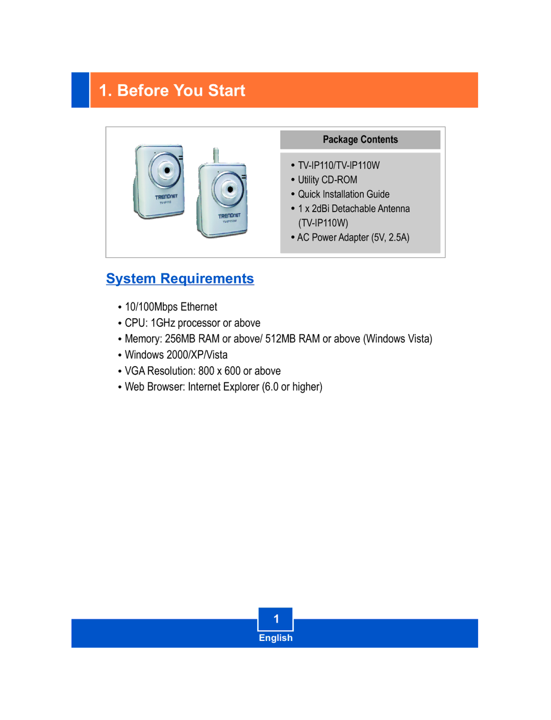 TRENDnet TV-IP110W manual Before You Start, Package Contents 