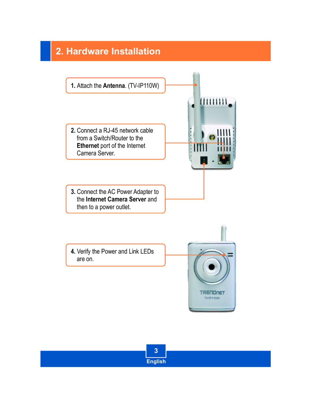 TRENDnet TV-IP110W manual Hardware Installation 