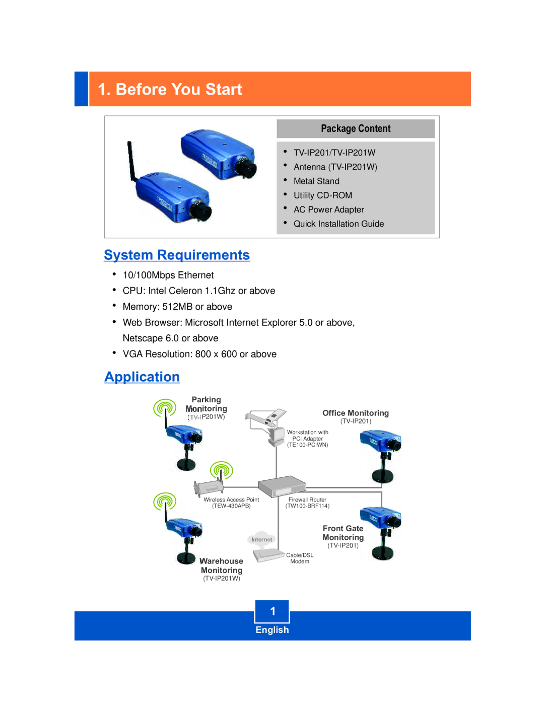 TRENDnet TV-IP201W manual Before You Start, Package Content 