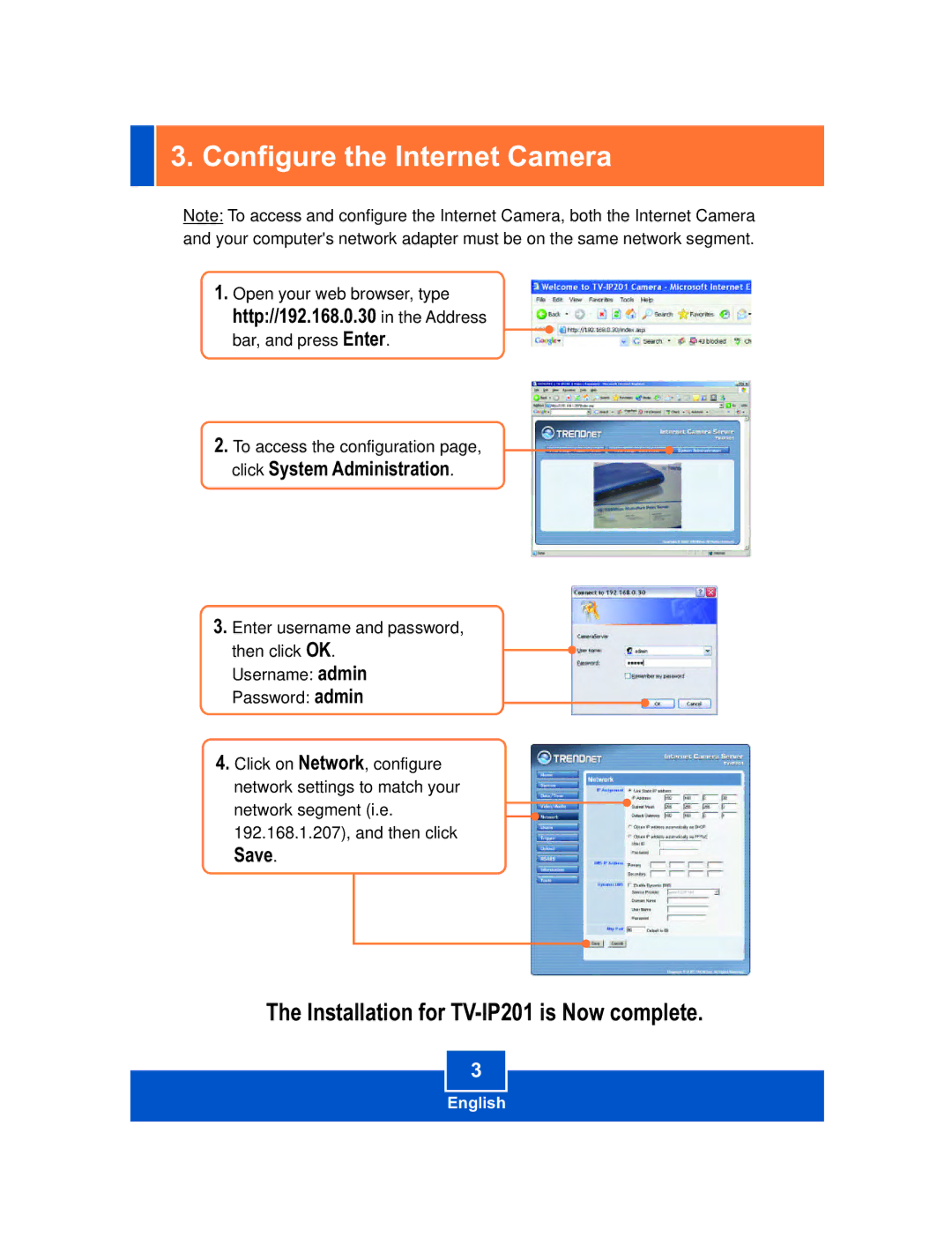 TRENDnet TV-IP201W manual Configure the Internet Camera 