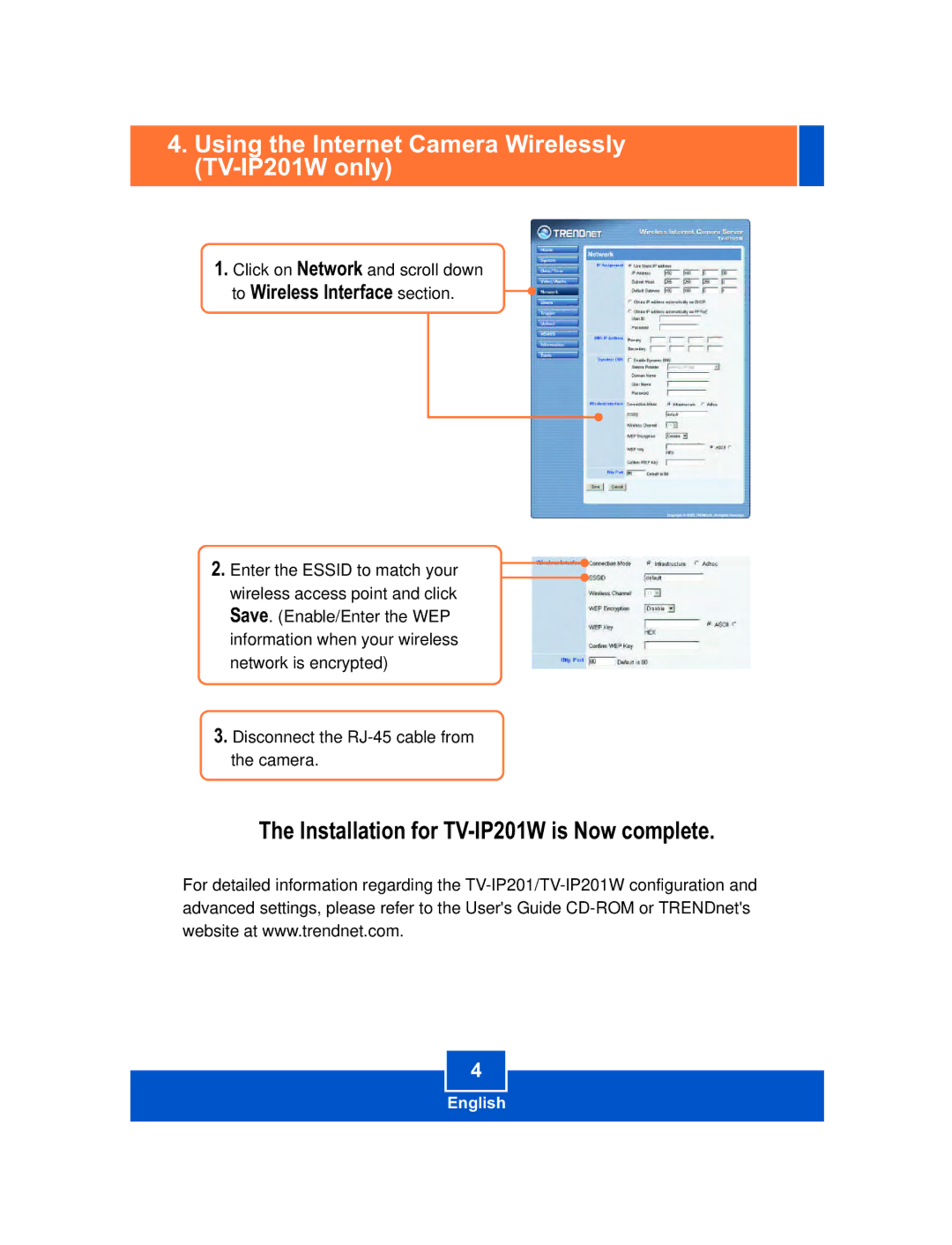 TRENDnet manual Using the Internet Camera Wirelessly TV-IP201W only 