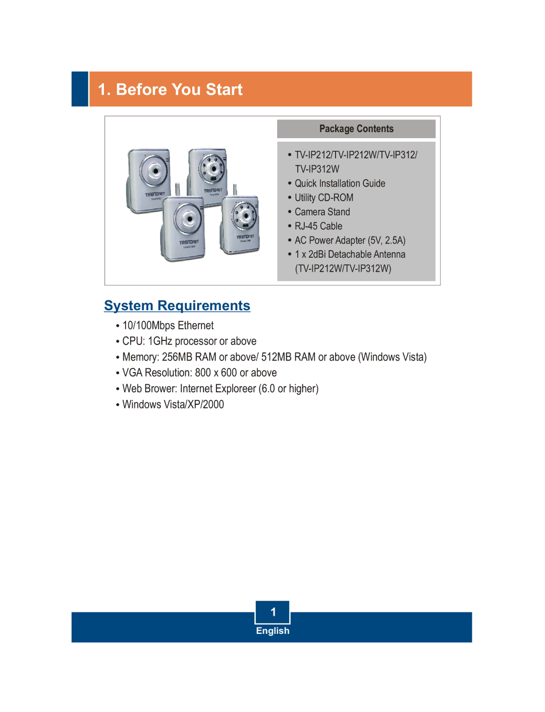 TRENDnet TV-IP212 manual Before You Start, Package Contents 