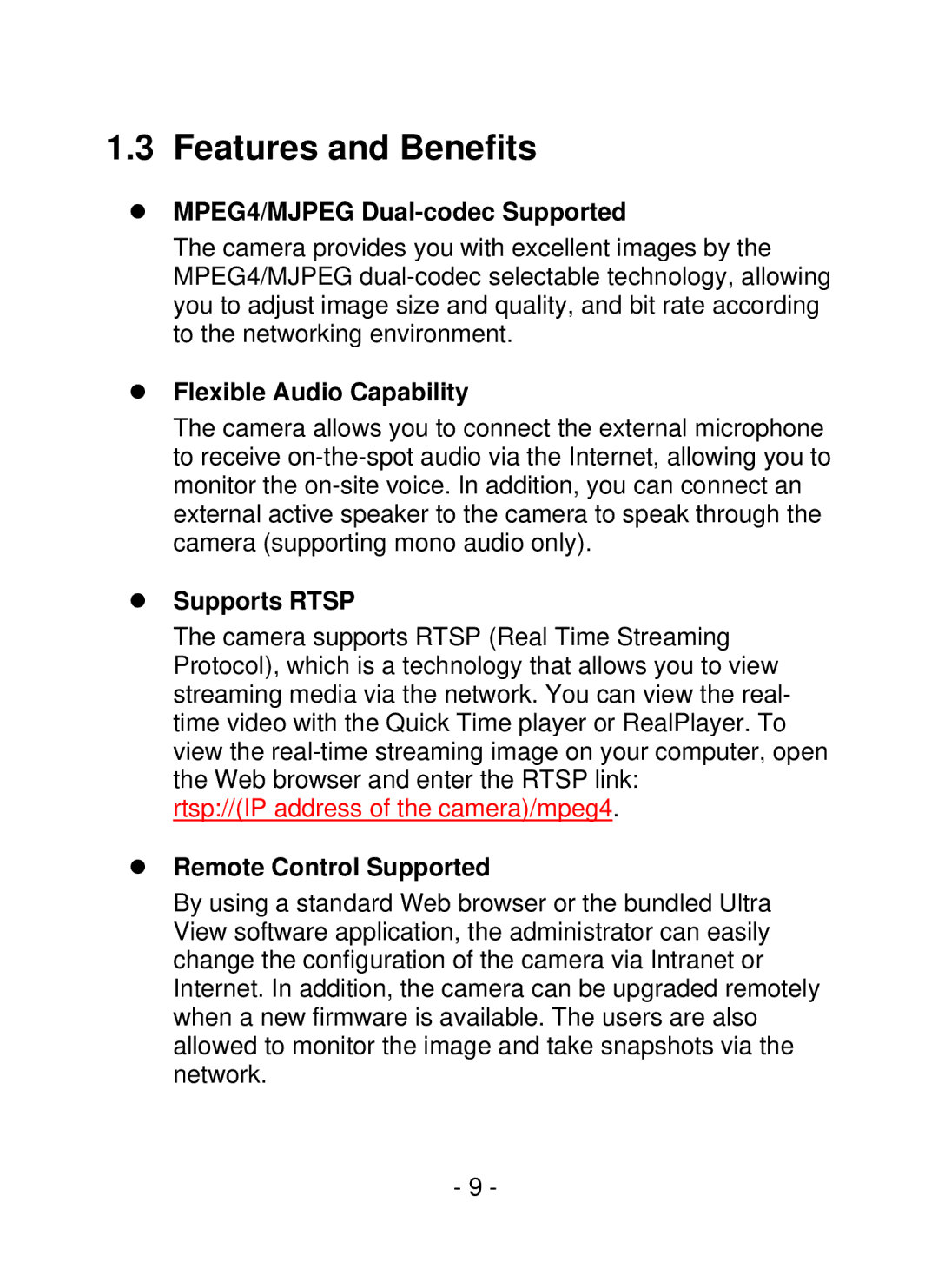 TRENDnet TV-IP252P manual Features and Benefits, MPEG4/MJPEG Dual-codec Supported, Flexible Audio Capability, Supports Rtsp 