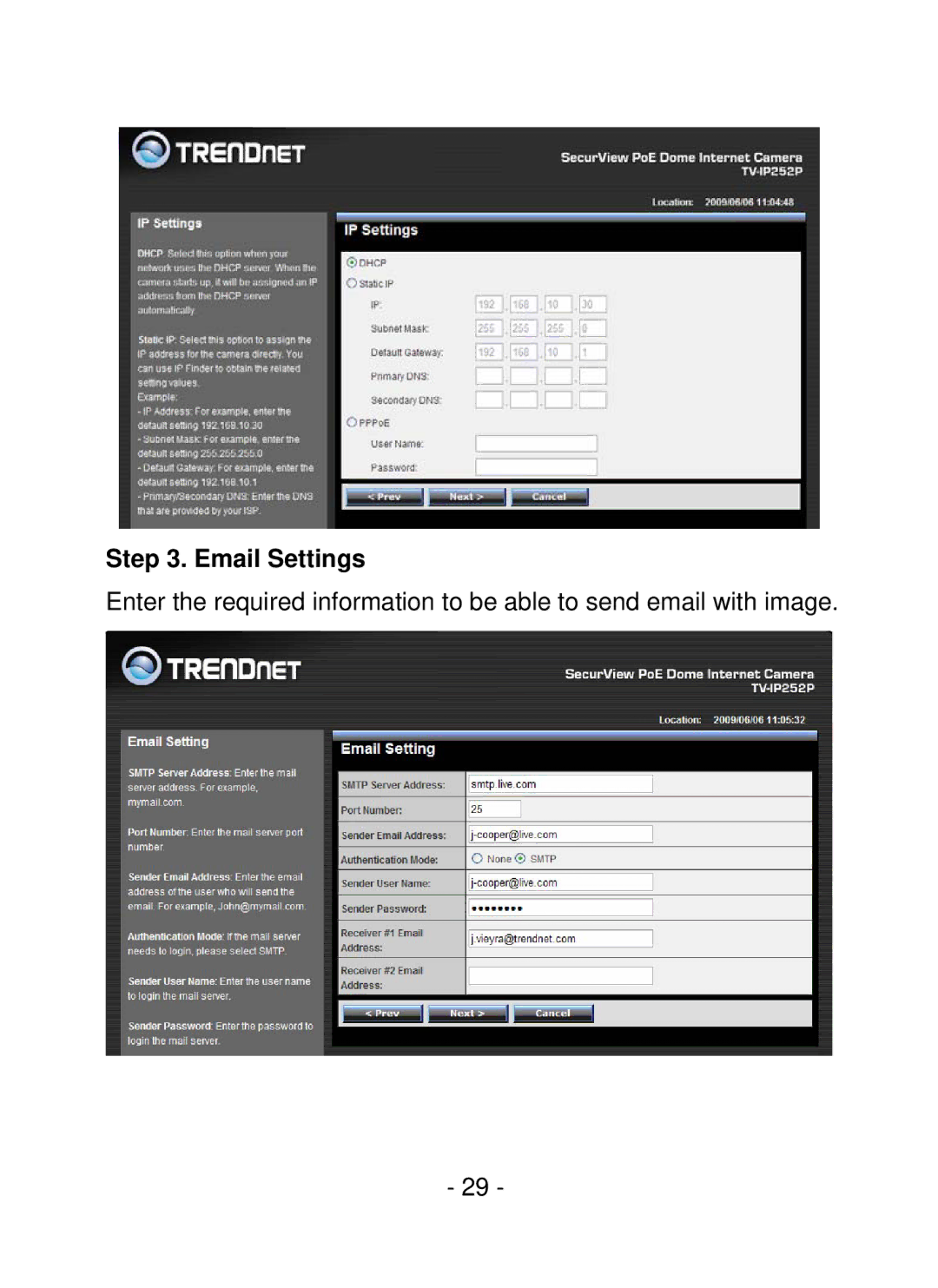 TRENDnet TV-IP252P, SecurView PoE Dome Internet Camera manual Email Settings 