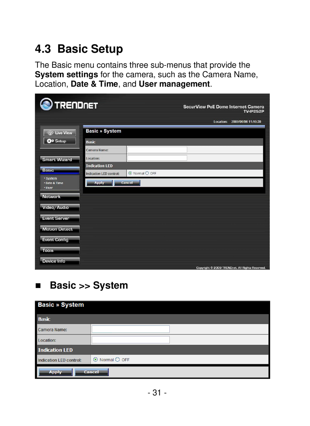 TRENDnet TV-IP252P, SecurView PoE Dome Internet Camera manual Basic Setup, „ Basic System 