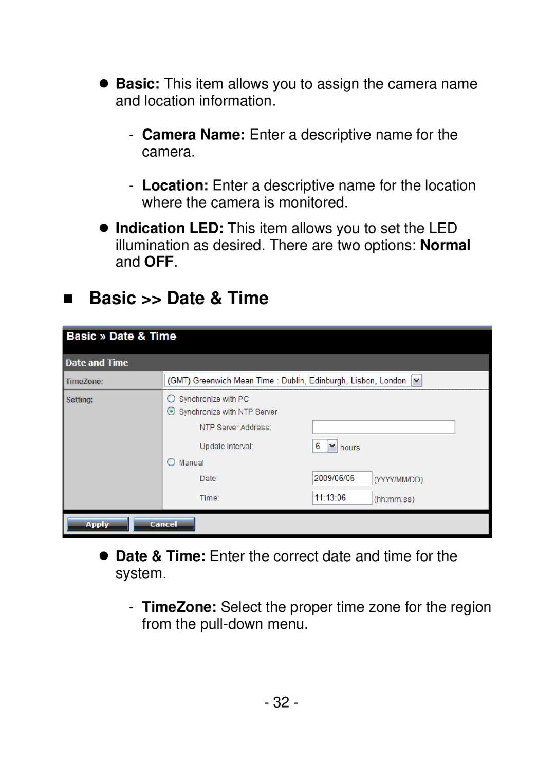 TRENDnet SecurView PoE Dome Internet Camera, TV-IP252P manual „ Basic Date & Time 