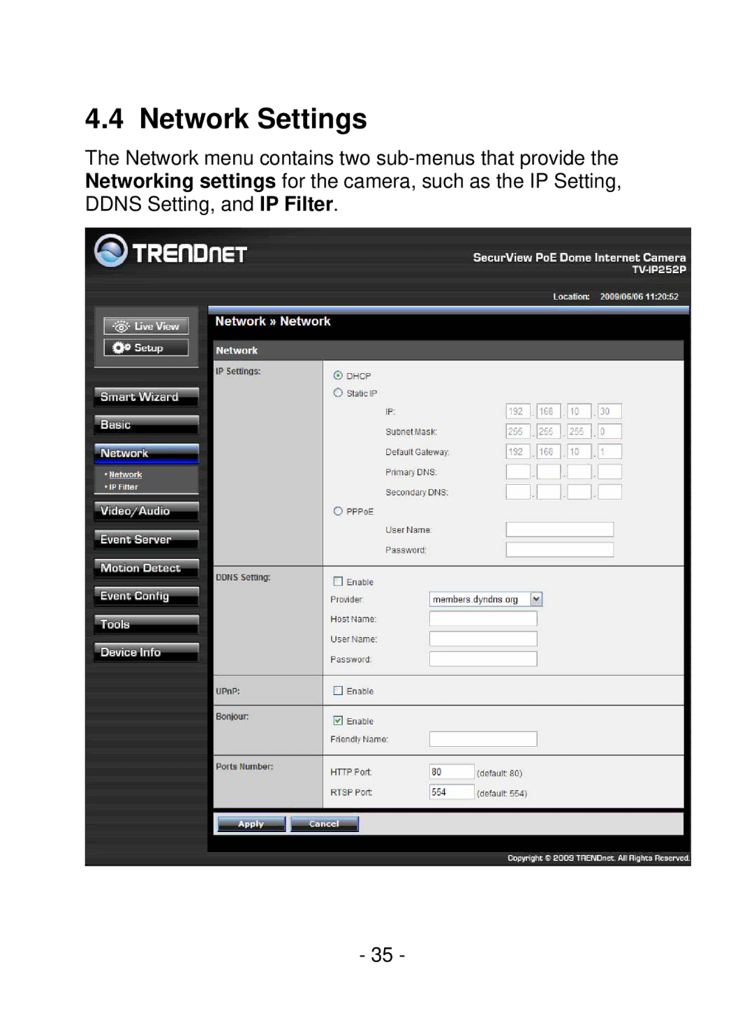 TRENDnet TV-IP252P, SecurView PoE Dome Internet Camera manual Network Settings 