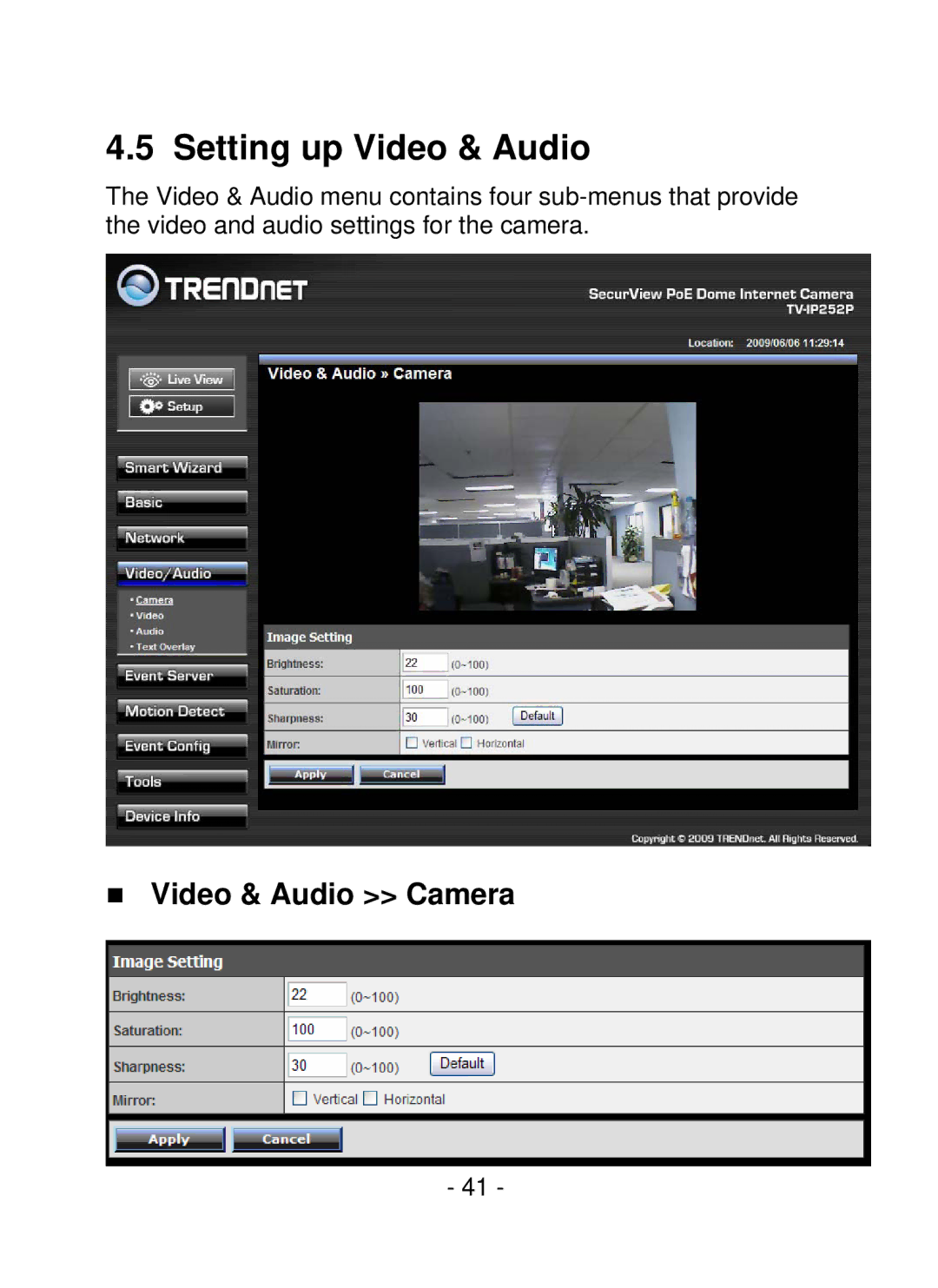 TRENDnet TV-IP252P, SecurView PoE Dome Internet Camera manual Setting up Video & Audio, „ Video & Audio Camera 