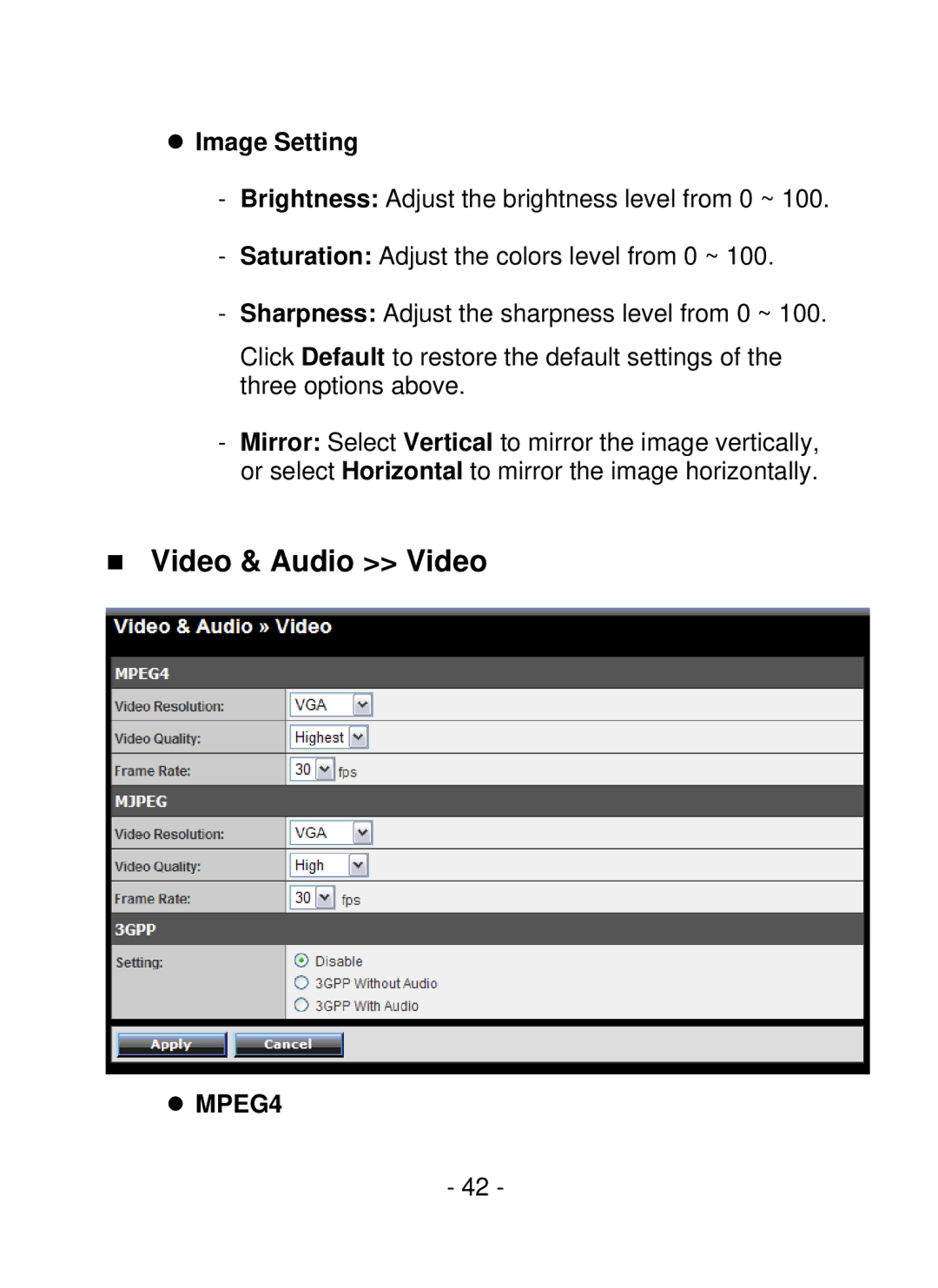 TRENDnet SecurView PoE Dome Internet Camera, TV-IP252P manual „ Video & Audio Video, Image Setting, MPEG4 