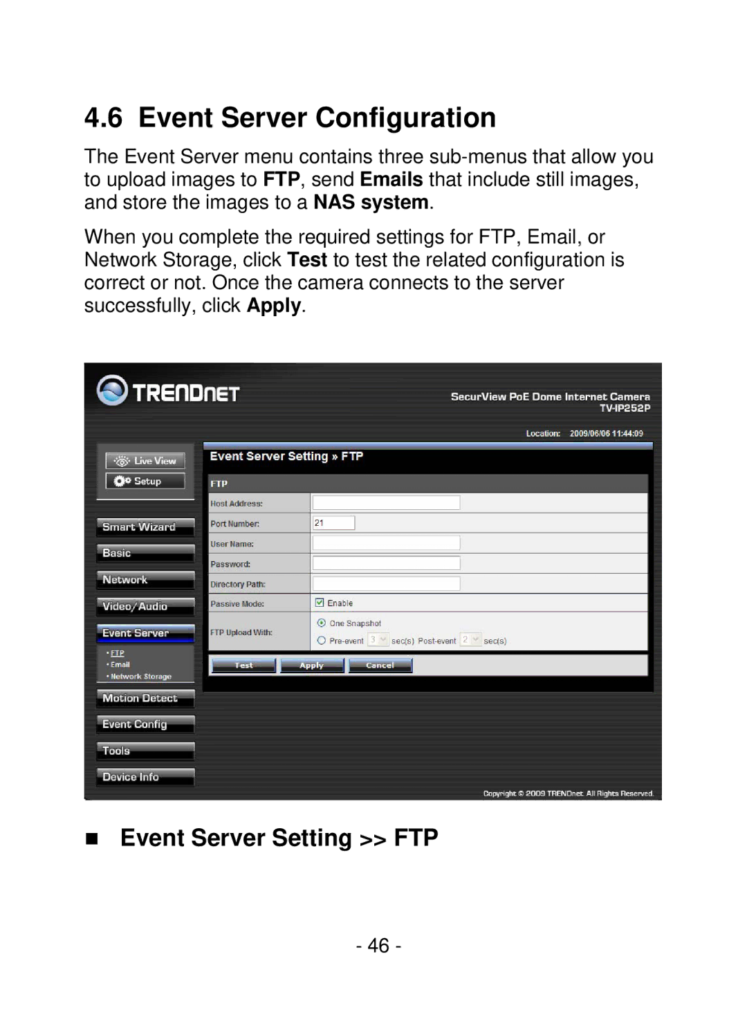 TRENDnet SecurView PoE Dome Internet Camera, TV-IP252P manual Event Server Configuration, „ Event Server Setting FTP 