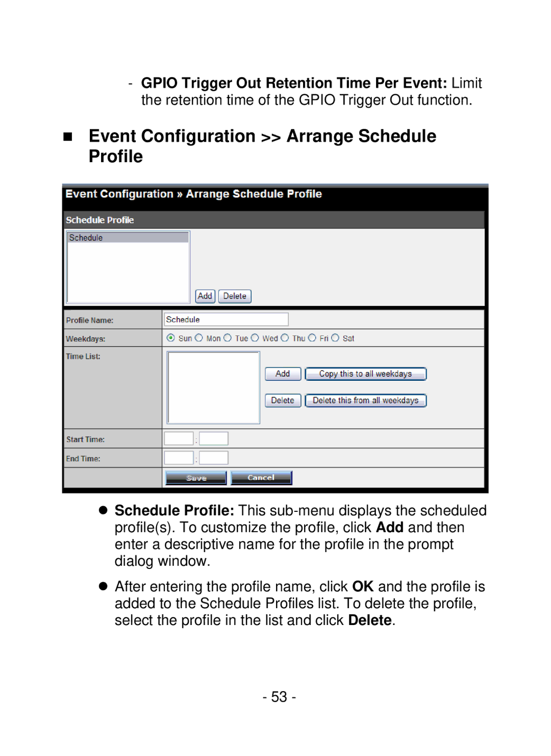 TRENDnet TV-IP252P, SecurView PoE Dome Internet Camera manual „ Event Configuration Arrange Schedule Profile 