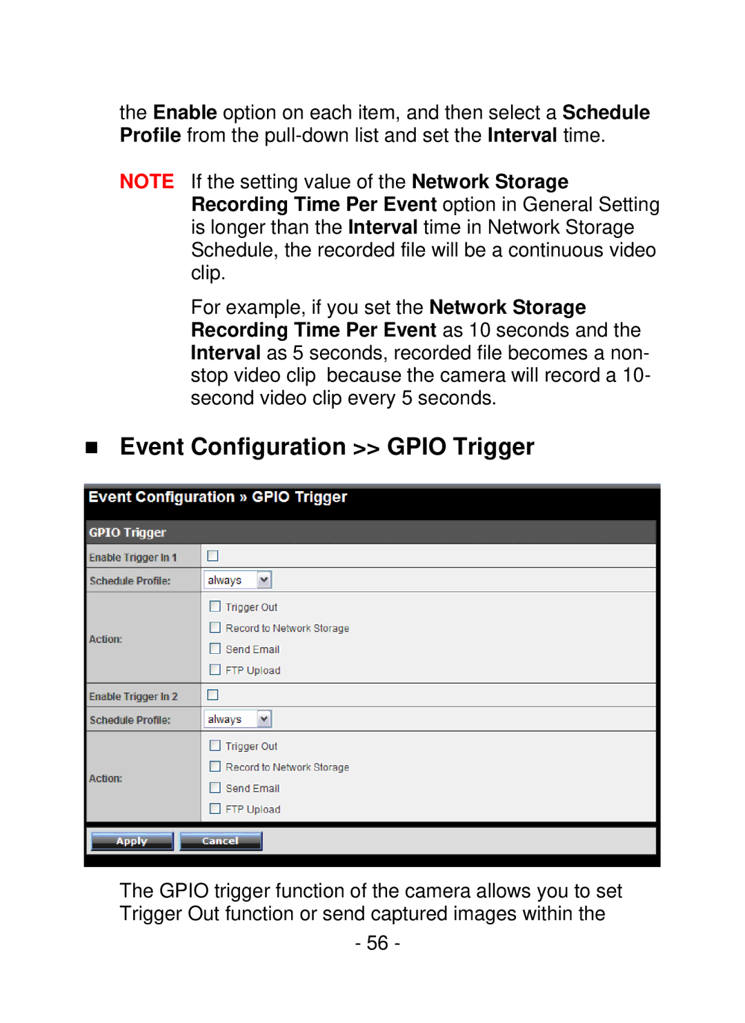 TRENDnet SecurView PoE Dome Internet Camera, TV-IP252P manual „ Event Configuration Gpio Trigger 