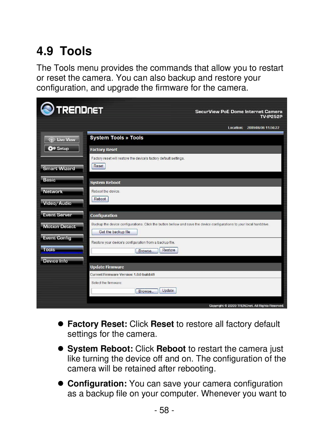 TRENDnet SecurView PoE Dome Internet Camera, TV-IP252P manual Tools 