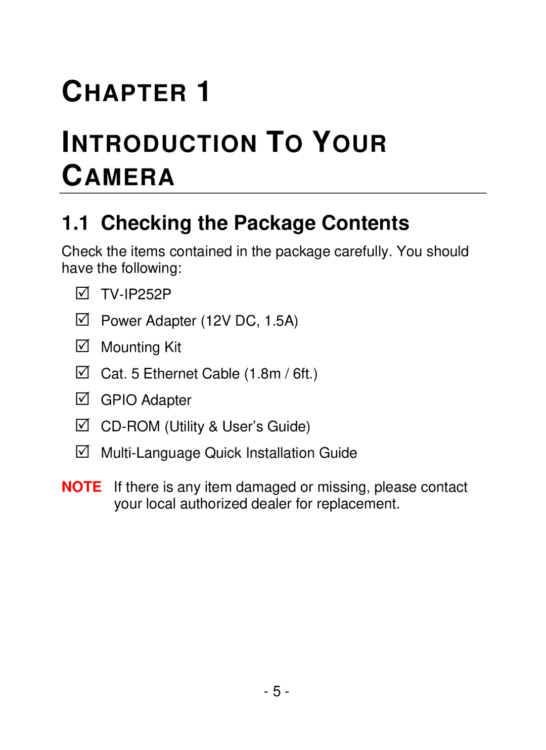 TRENDnet TV-IP252P, SecurView PoE Dome Internet Camera Chapter Introduction to Your Camera, Checking the Package Contents 