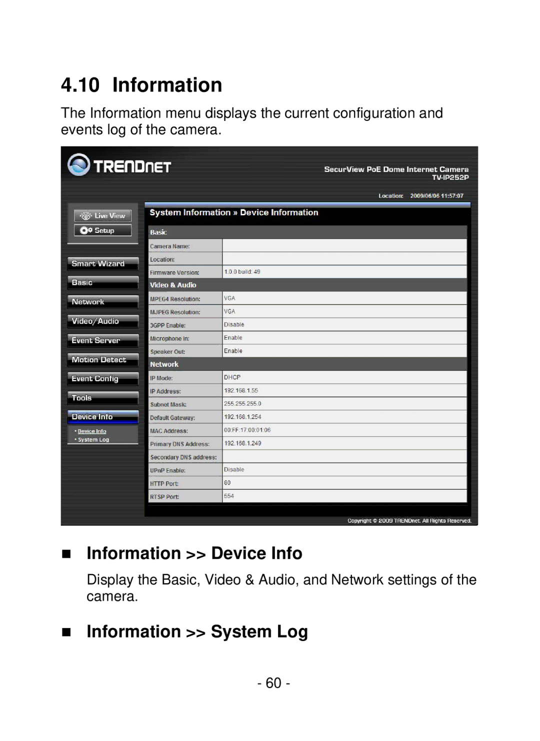 TRENDnet SecurView PoE Dome Internet Camera, TV-IP252P manual „ Information Device Info, „ Information System Log 