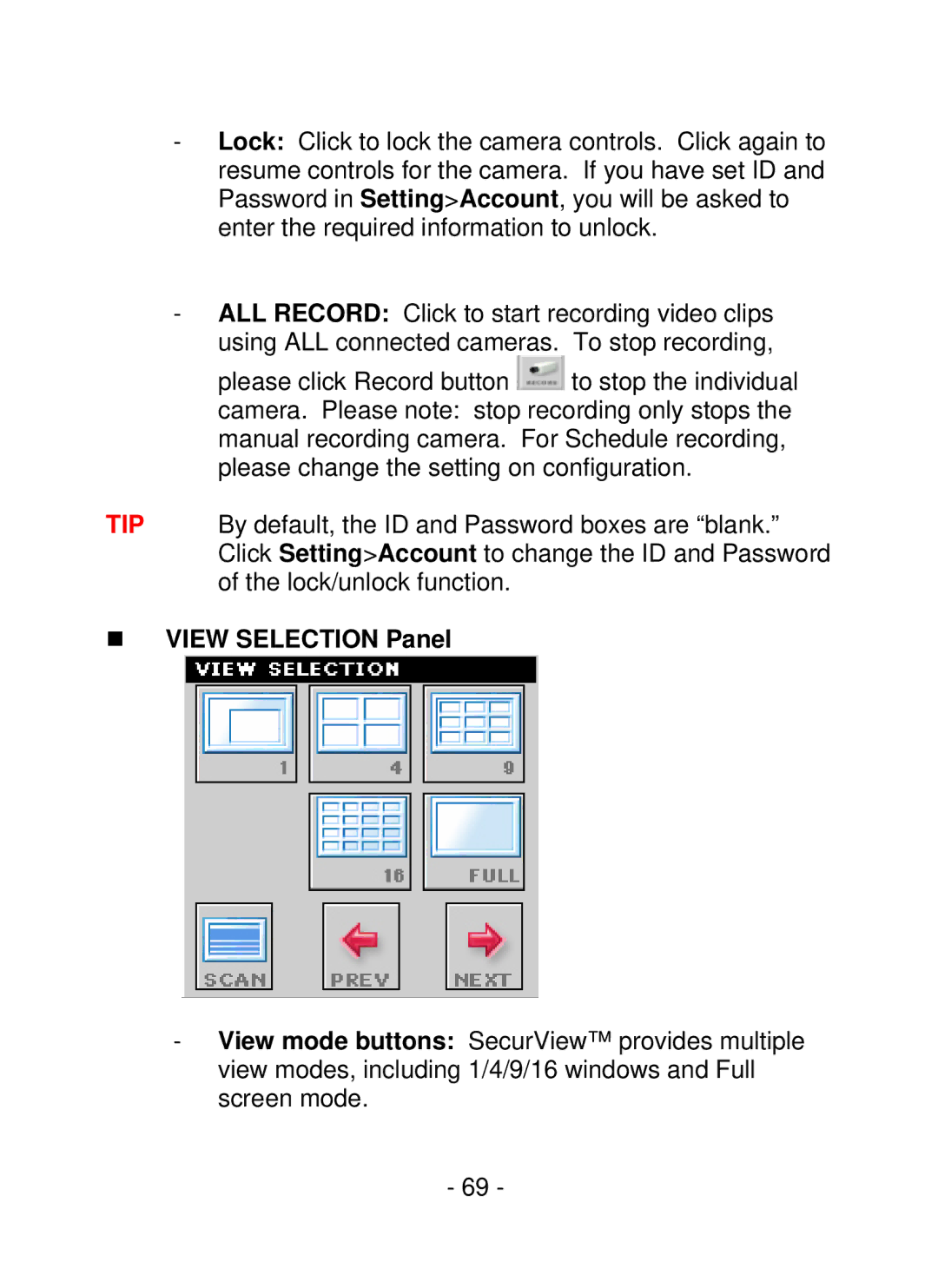 TRENDnet TV-IP252P, SecurView PoE Dome Internet Camera manual „ View Selection Panel 