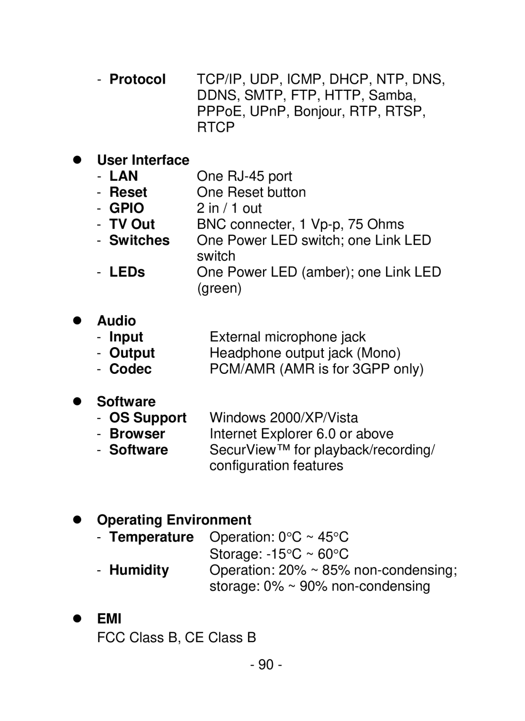 TRENDnet SecurView PoE Dome Internet Camera, TV-IP252P User Interface, Reset, Audio Input, Output, Codec, Software, Emi 