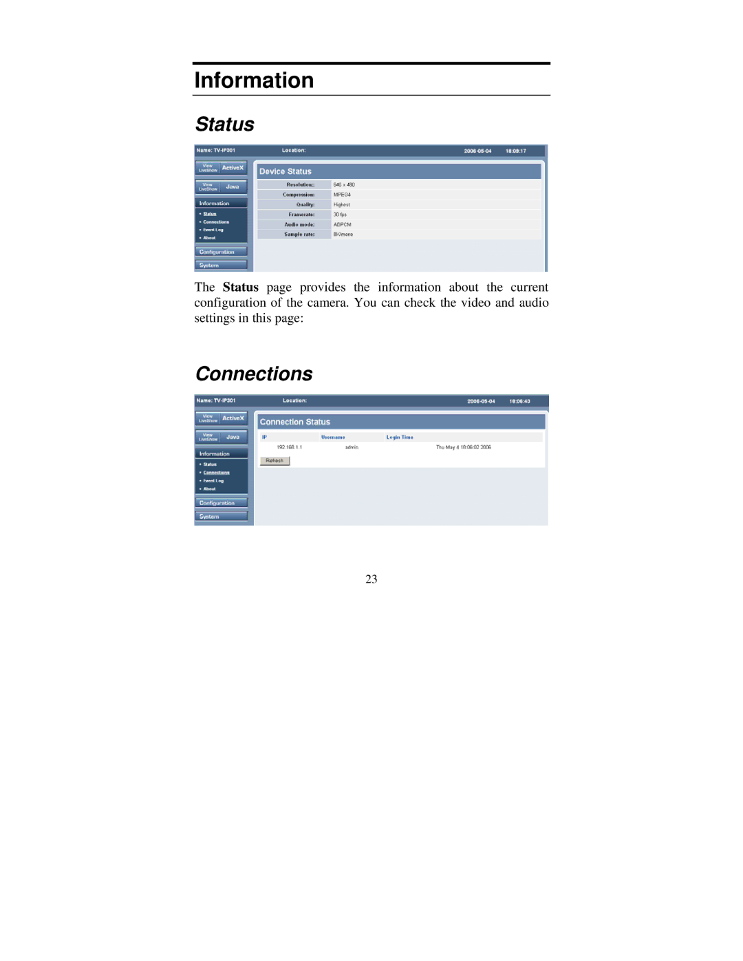 TRENDnet tv-ip301w manual Information, Status, Connections 