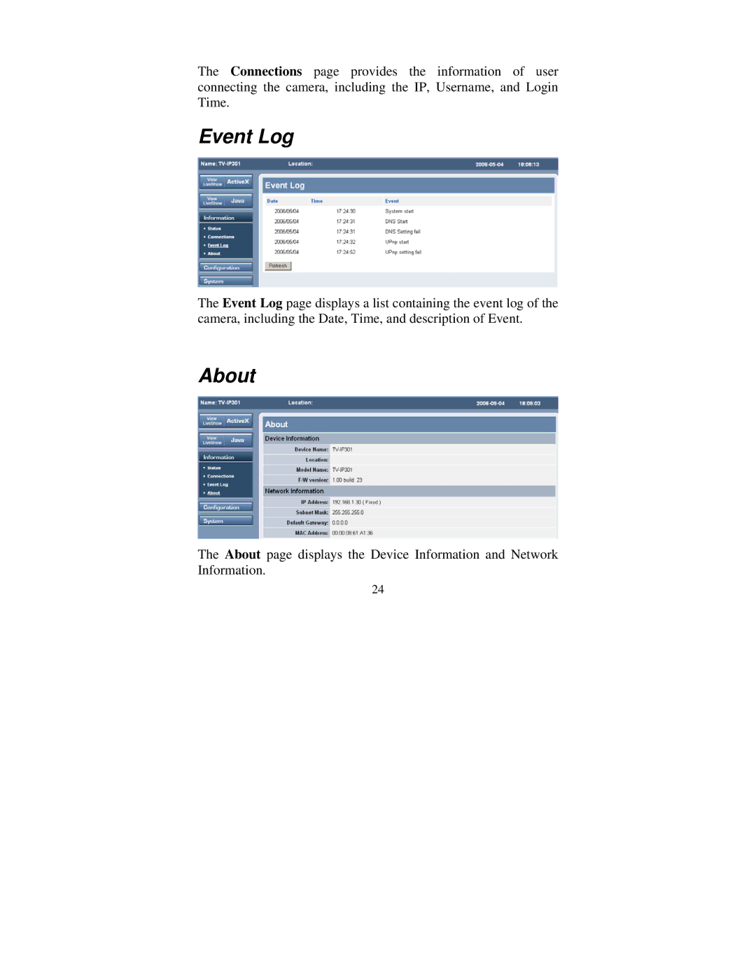 TRENDnet tv-ip301w manual Event Log, About 