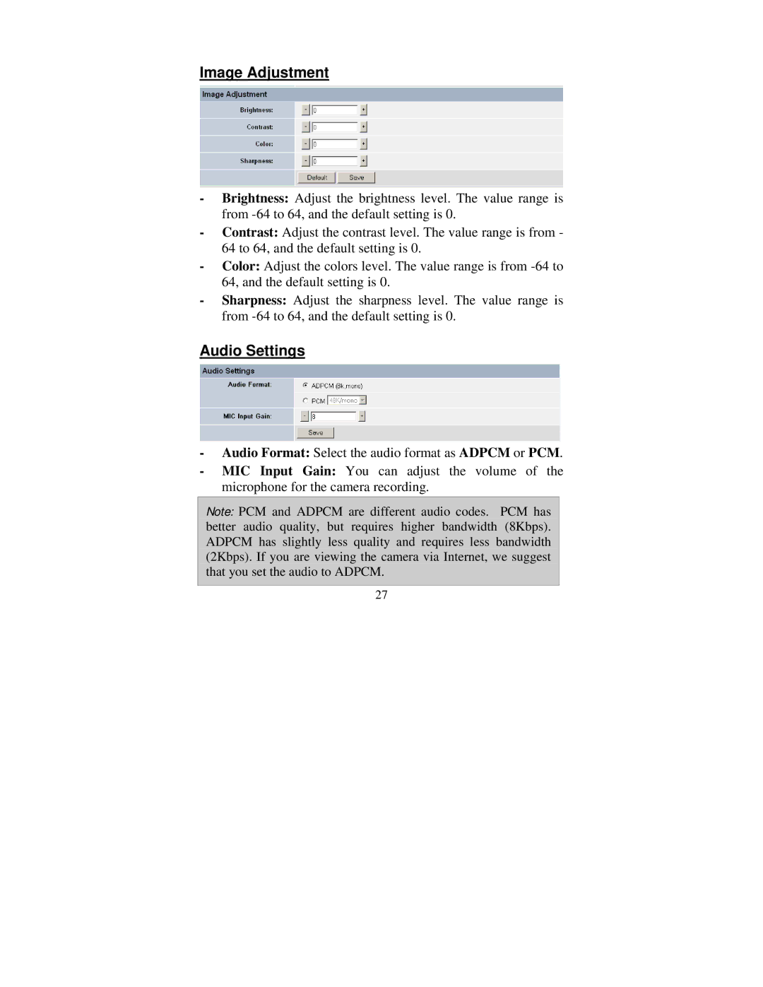 TRENDnet tv-ip301w manual Image Adjustment, Audio Settings 