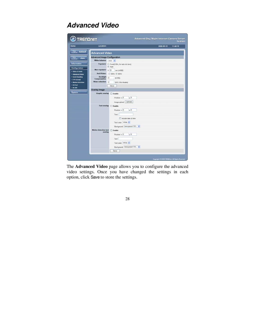 TRENDnet tv-ip301w manual Advanced Video 