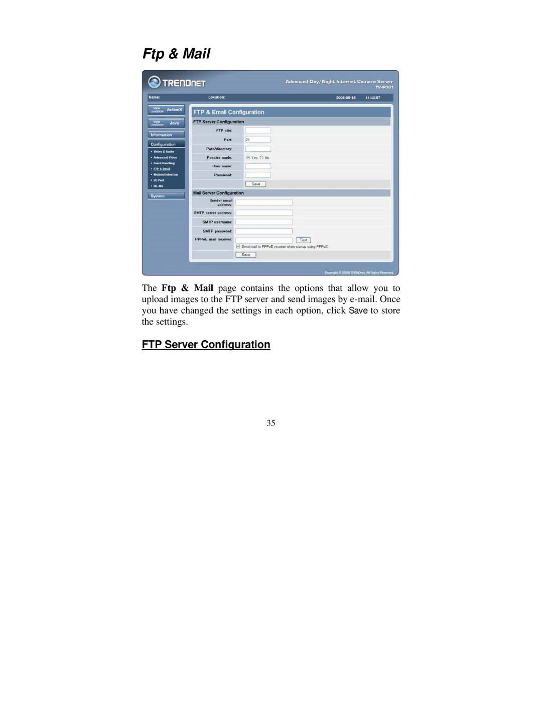 TRENDnet tv-ip301w manual Ftp & Mail, FTP Server Configuration 