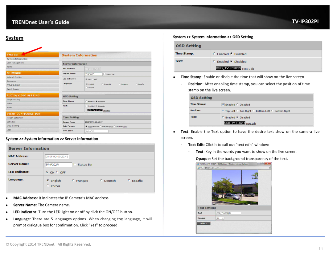 TRENDnet TV-IP302PI manual System System Information OSD Setting, System System Information Server Information 