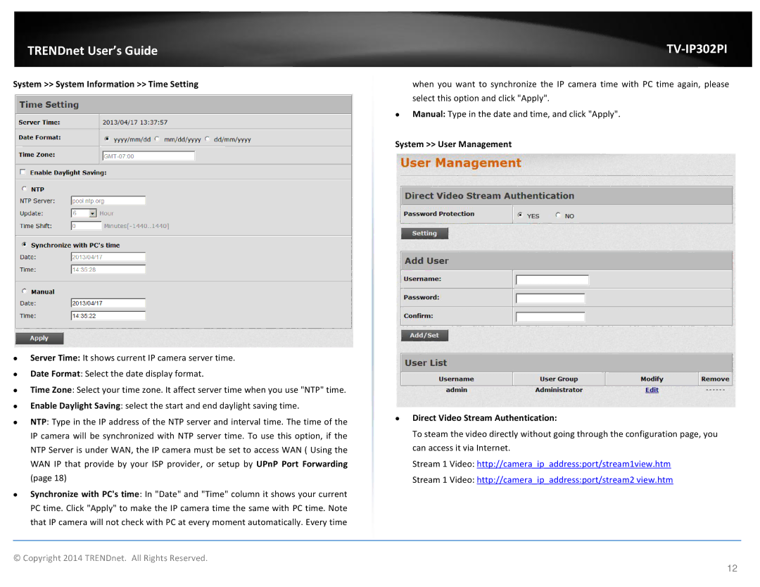 TRENDnet Outdoor PoE Megapixel Day/Night Internet Camera, TV-IP302PI manual System System Information Time Setting 