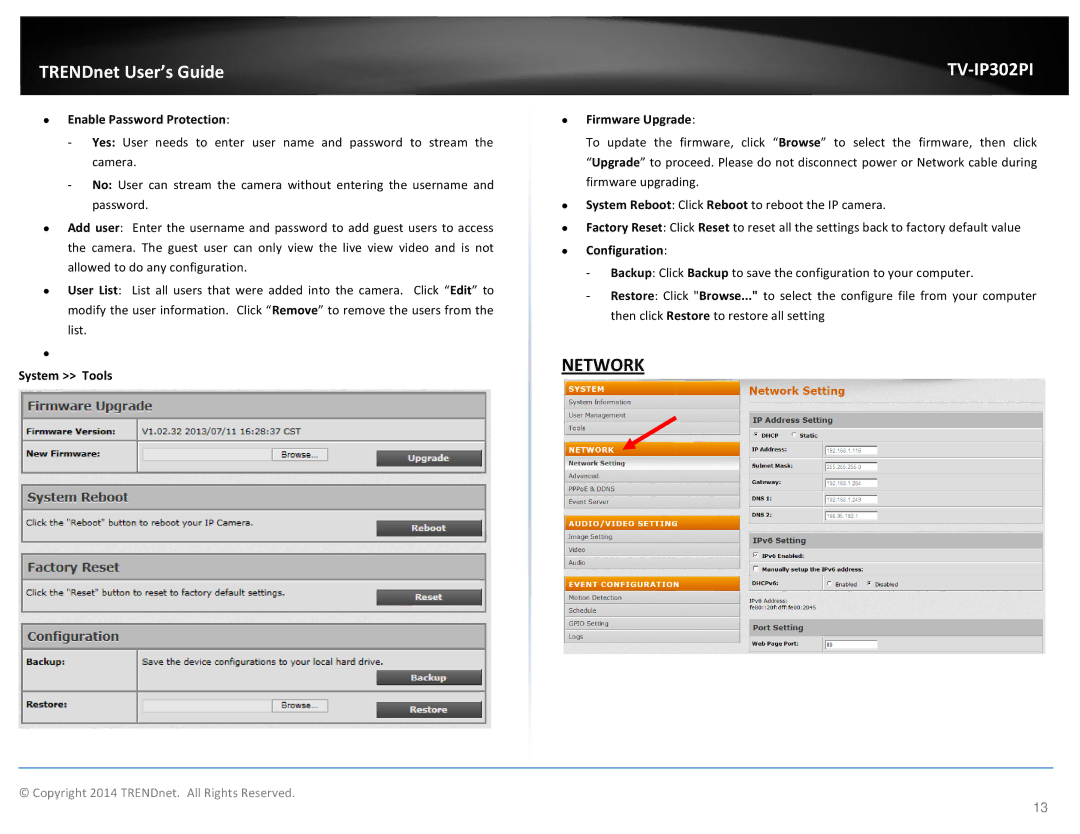 TRENDnet TV-IP302PI manual ∙ Enable Password Protection, System Tools, ∙ Firmware Upgrade, ∙ Configuration 