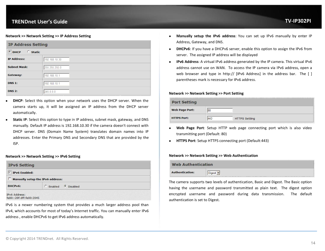 TRENDnet Outdoor PoE Megapixel Day/Night Internet Camera, TV-IP302PI manual Network Network Setting IP Address Setting 