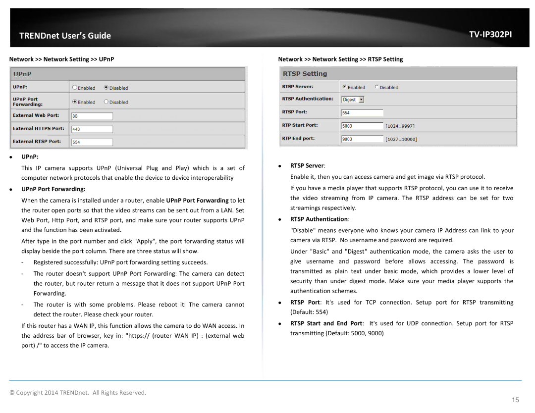 TRENDnet TV-IP302PI manual Network Network Setting UPnP ∙ UPnP, ∙ UPnP Port Forwarding, ∙ Rtsp Authentication 