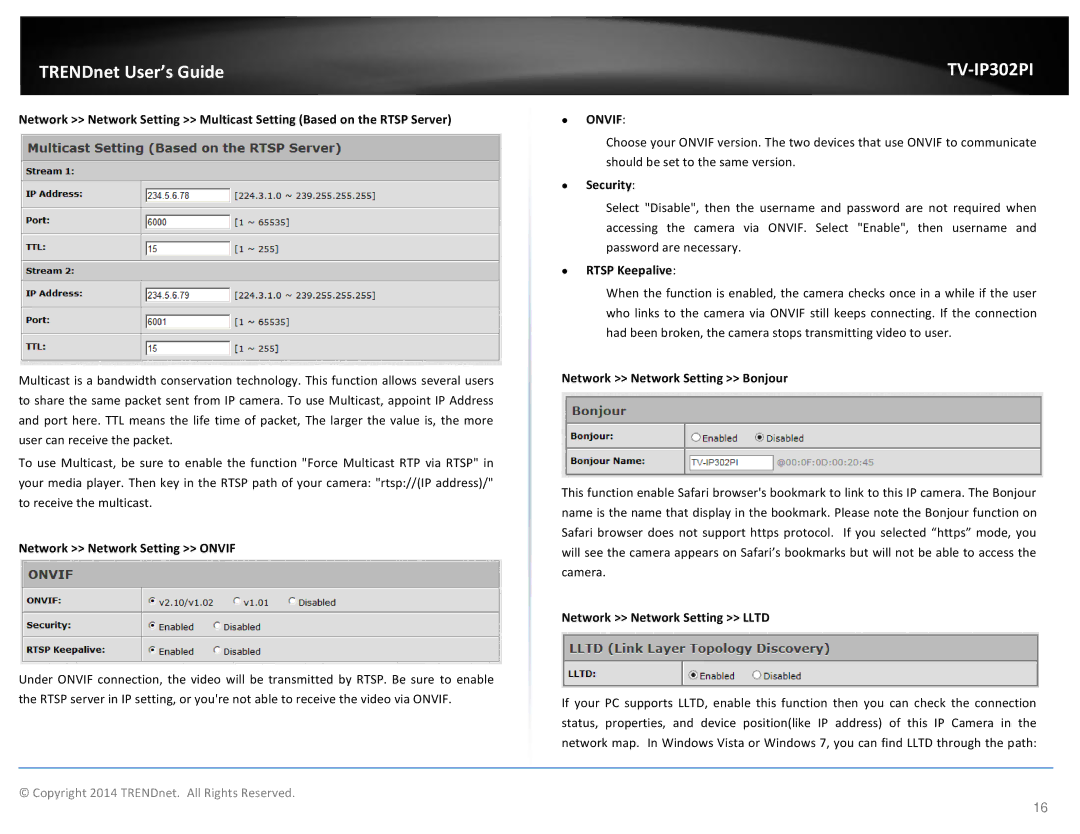 TRENDnet Outdoor PoE Megapixel Day/Night Internet Camera manual Network Network Setting Onvif, ∙ Security, ∙ Rtsp Keepalive 