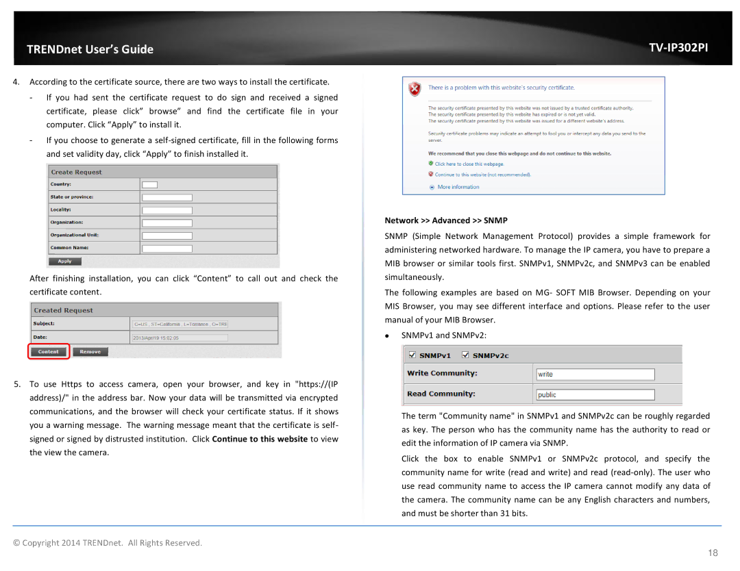 TRENDnet Outdoor PoE Megapixel Day/Night Internet Camera, TV-IP302PI manual Network Advanced Snmp 