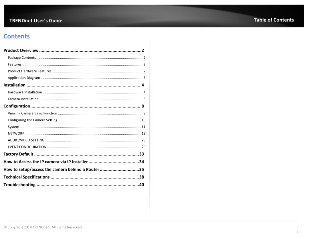 TRENDnet TV-IP302PI, Outdoor PoE Megapixel Day/Night Internet Camera manual Contents 