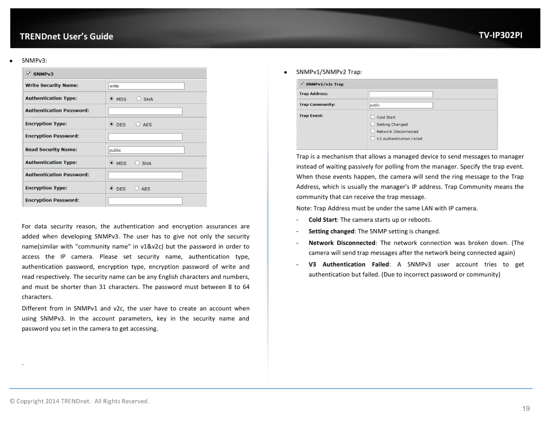 TRENDnet TV-IP302PI, Outdoor PoE Megapixel Day/Night Internet Camera manual ∙ SNMPv3 ∙ SNMPv1/SNMPv2 Trap 