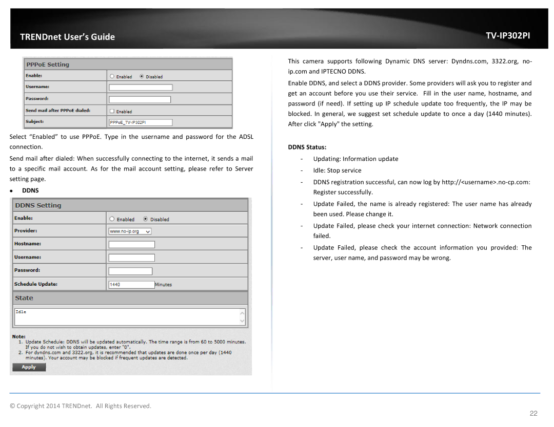 TRENDnet Outdoor PoE Megapixel Day/Night Internet Camera, TV-IP302PI manual Ddns Status 