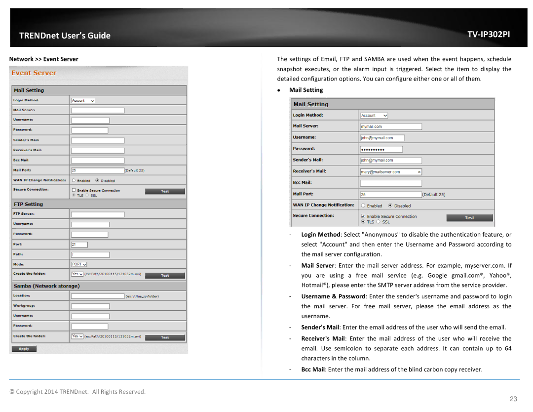 TRENDnet TV-IP302PI, Outdoor PoE Megapixel Day/Night Internet Camera manual Network Event Server, ∙ Mail Setting 