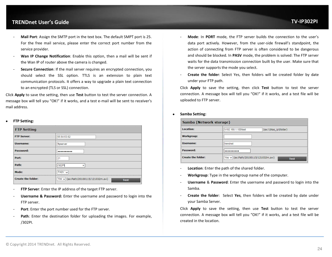 TRENDnet Outdoor PoE Megapixel Day/Night Internet Camera, TV-IP302PI manual ∙ FTP Setting, ∙ Samba Setting 