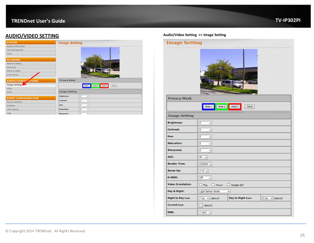 TRENDnet TV-IP302PI, Outdoor PoE Megapixel Day/Night Internet Camera manual Audio/Video Setting Image Setting 