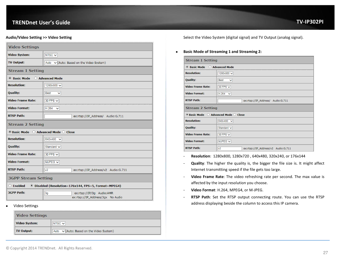 TRENDnet TV-IP302PI manual Audio/Video Setting Video Setting, ∙ Basic Mode of Streaming 1 and Streaming 